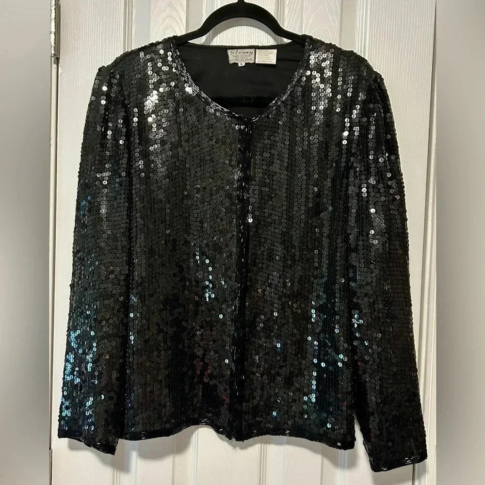 Vintage STENAY Silk and Sequins Hook and Eye Jacket, Size L